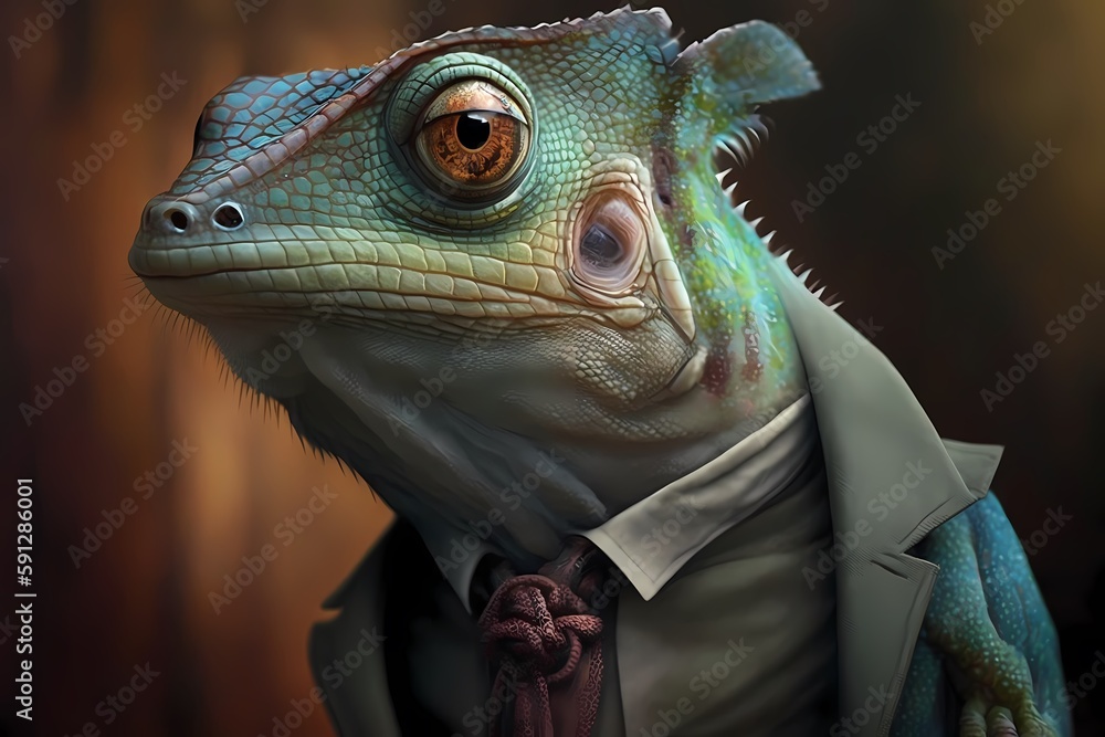 Portrait of a Chameleon dressed in a suit - Generative AI