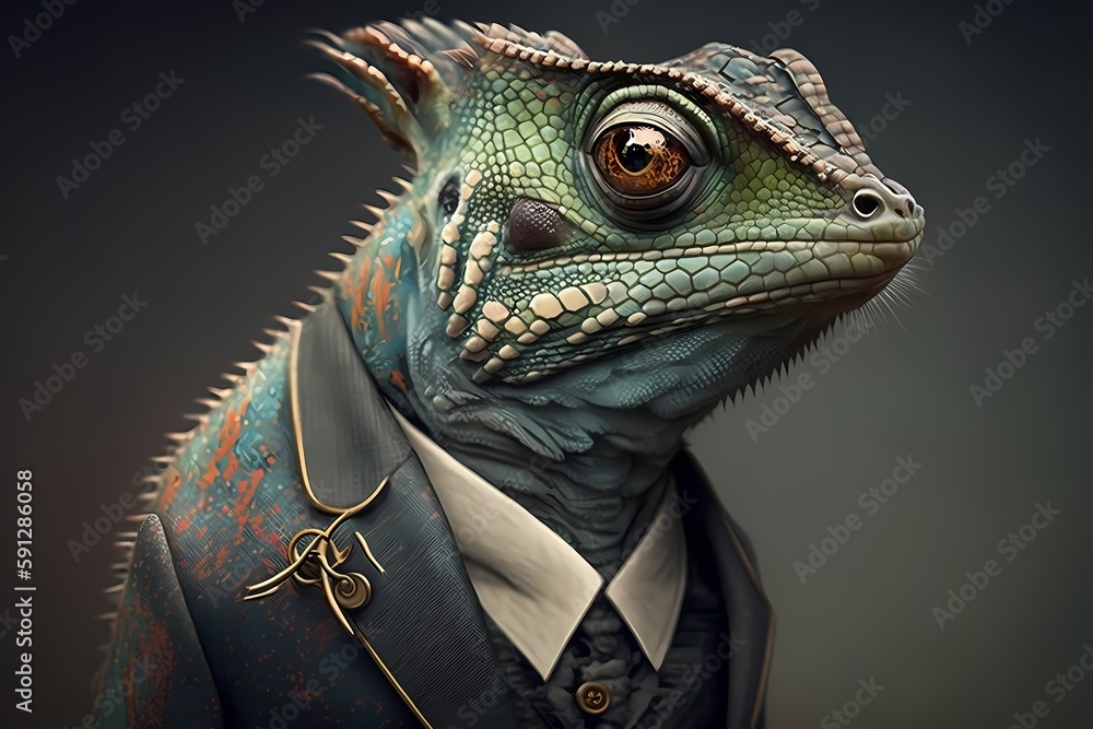 Portrait of a Chameleon dressed in a suit - Generative AI