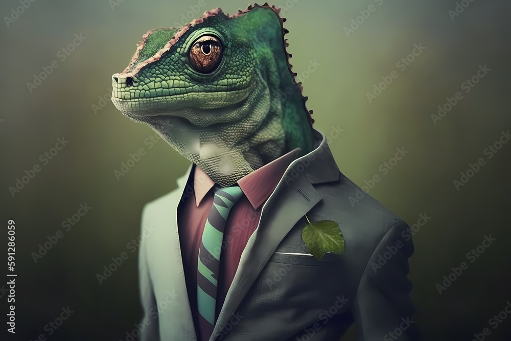 Portrait of a Chameleon dressed in a suit - Generative AI Portrait of a Chameleon dressed in a suit - Generative AI