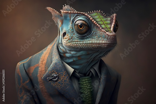 Portrait of a Chameleon dressed in a suit - Generative AI