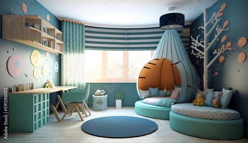Interior of modern children's room with toy and furniture, playroom, kids room blue theme for house advertising and background Generative AI