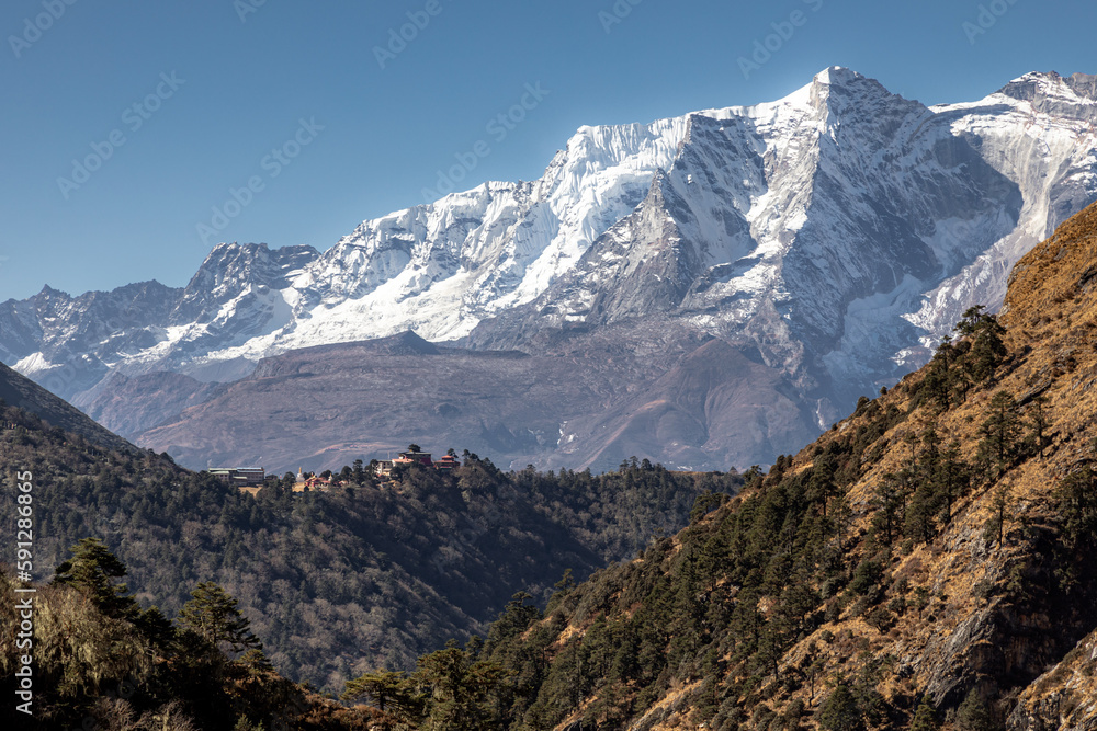 Tengboche village with its famous monastery and ridge of Kongde-ri in the background Tengboche village with its famous monastery and ridge of Kongde-ri in the background