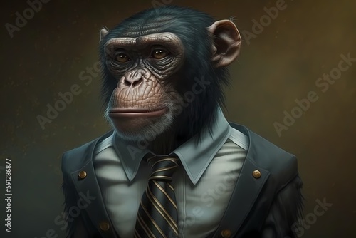 Portrait of a Monkey (Chimpanzee) dressed in a suit - Generative AI