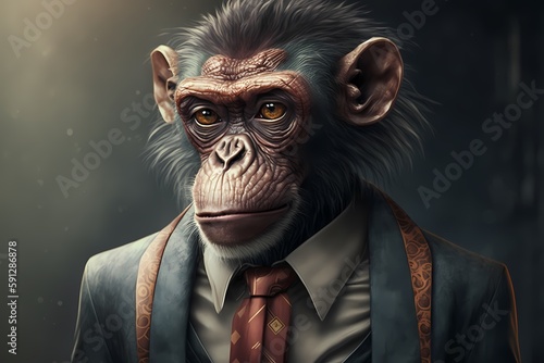 Portrait of a Monkey (Chimpanzee) dressed in a suit - Generative AI