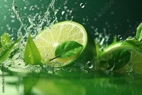 Lime fruit slice, leaves and green juice splash. Ai. Mojito drink