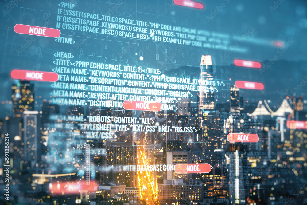 Abstract virtual coding concept on San Francisco skyline background. Multiexposure Abstract virtual coding concept on San Francisco skyline background. Multiexposure