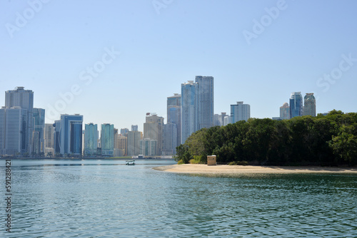 Sharjah, UAE, February 14, 2023: Al Majaz waterfront, Khaled lake. © Ekaterina
