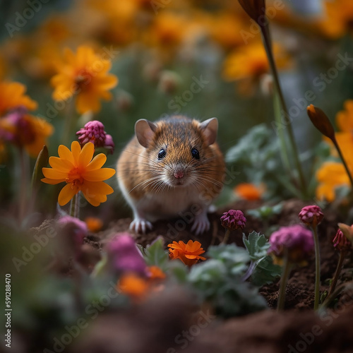 A mouse in a flower meadow