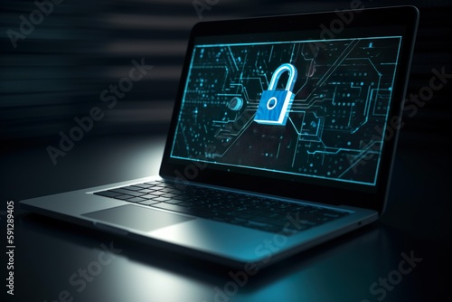 An ai generated Laptop with security logo padlock on the screen ::5 , photorealistic, 8k, HD, 3D Render, blue. Illustration: The laptop is depicted in a flat, minimalist style with clean li photo