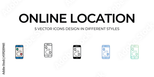 Online Location Icon Design in Five style with Editable Stroke. Line, Solid, Flat Line, Duo Tone Color, and Color Gradient Line. Suitable for Web Page, Mobile App, UI, UX and GUI design.