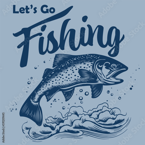 retro cartoon fishing illustration of a jumping trout fish