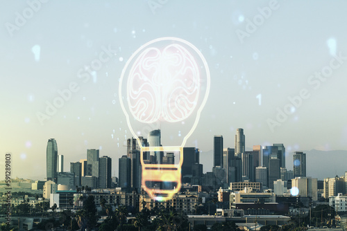Abstract virtual light bulb illustration with human brain on Los Angeles cityscape background, future technology concept. Multiexposure