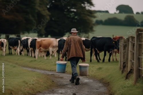 farmer against the background of a herd of cows with cans of milk. generative AI