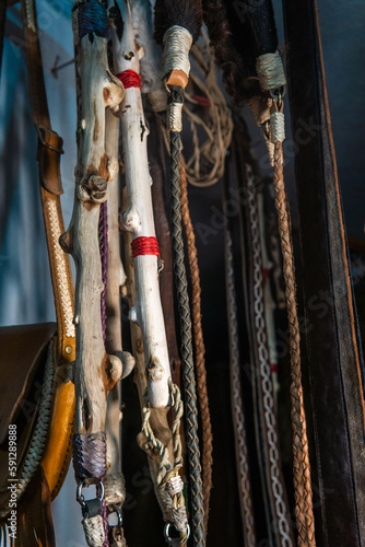 Group of handcrafted leather whips