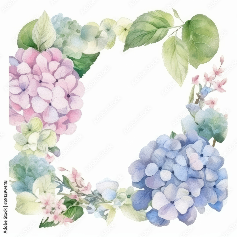 Hydrangea flower watercolor background. Illustration AI Generative.
