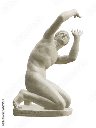 Classical statue of kneeling young man isolated on transparent background. 3D rendering