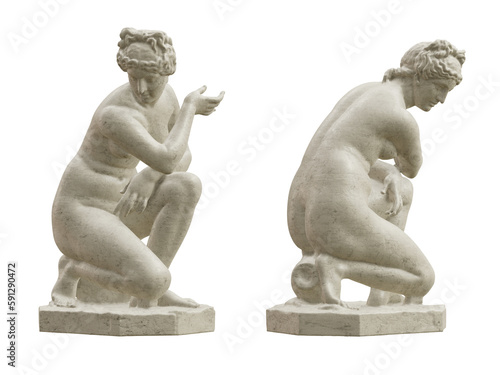 Crouching Venus classical sculpture isolated on transparent background. 3D rendering