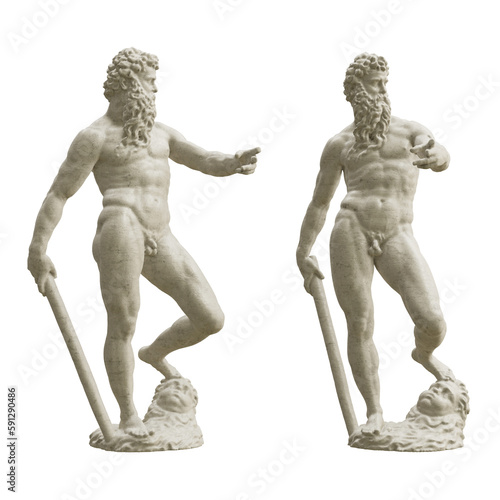 Neptune or Poseidon statue isolated on transparent background. 3D rendering