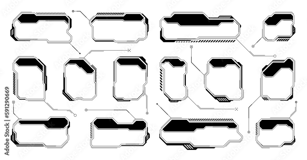Obraz premium Black futuristic HUD or UI elements. Sci-fi user interface text boxes, callouts. Warning message frames, information boxes template. Modern game interface layout in digital style. Vector illustration