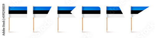 Realistic various Estonian toothpick flags. Souvenir from Estonia. Wooden toothpicks with paper flag. Location mark, map pointer. Blank mockup for advertising and promotions. Vector illustration