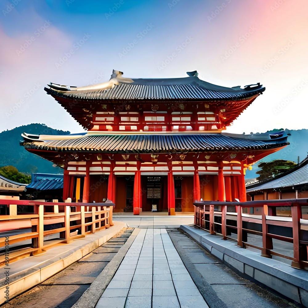 Obraz premium Buddhist temple in the morning - Generative AI