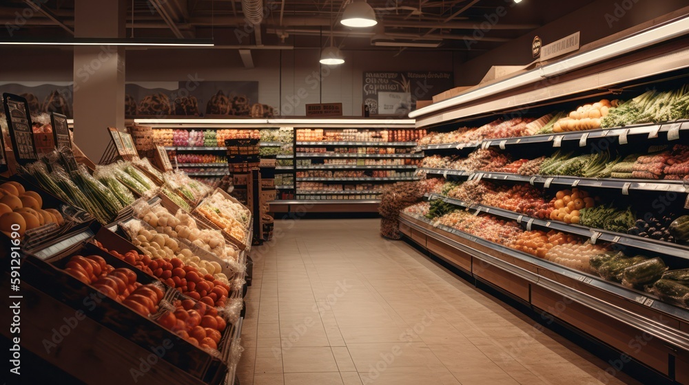 Interior view of a huge refrigerator in a grocery store .vegetables and fruits department. generative AI 
