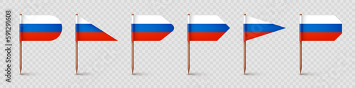 Realistic various Russian toothpick flags. Souvenir from Russia. Wooden toothpicks with paper flag. Location mark, map pointer. Blank mockup for advertising and promotions. Vector illustration