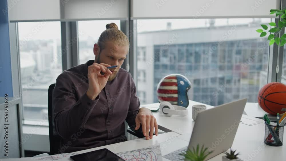 Serious man video calling laptop modern flat close up. Business couch explaining Serious man video calling laptop modern flat close up. Business couch explaining
