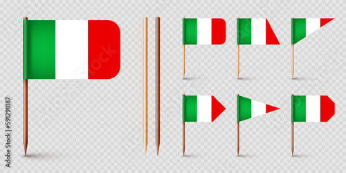 Realistic various Italian toothpick flags. Souvenir from Italy. Wooden toothpicks with paper flag. Location mark, map pointer. Blank mockup for advertising and promotions. Vector illustration