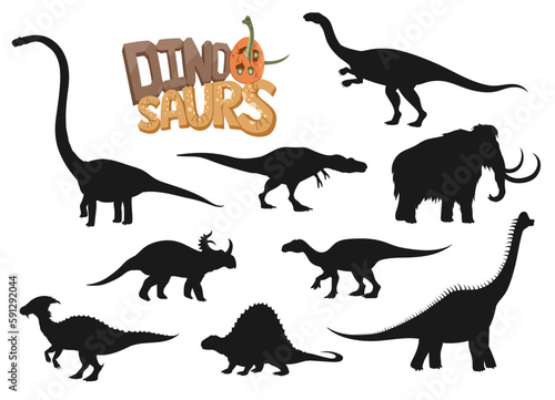 Dinosaur character silhouettes with cartoon dino egg and baby brachiosaurus  vector prehistoric animals. Black silhouettes of mammoth  parasaur  dimetrodon and iguanodon  tarbosaurus and plateosaurus