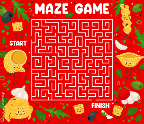 Labyrinth maze, cartoon italian pasta characters kids game worksheet. Vector block puzzle quiz with macaroni food personages and square labyrinth. Italy cuisine fettuccine, conchiglie, fusilli