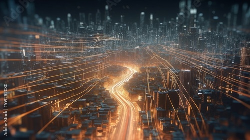 Big Data Highway Communication and Technology Infrastructure Illustration, Aerial Night Time City, AI Generative