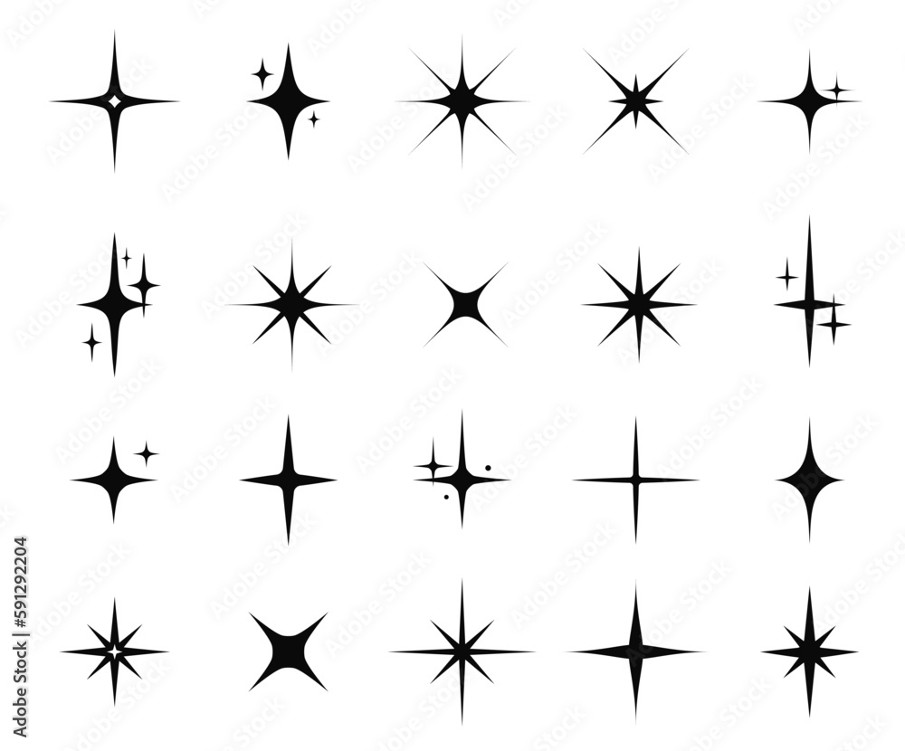 Star sparkle and twinkle. Star burst, flash stars. Isolated vector starburst icons, black silhouettes, shining lights and sparks of bright glowing rays and flare effect. Magic glint, shiny glitter Star sparkle and twinkle. Star burst, flash stars. Isolated vector starburst icons, black silhouettes, shining lights and sparks of bright glowing rays and flare effect. Magic glint, shiny glitter