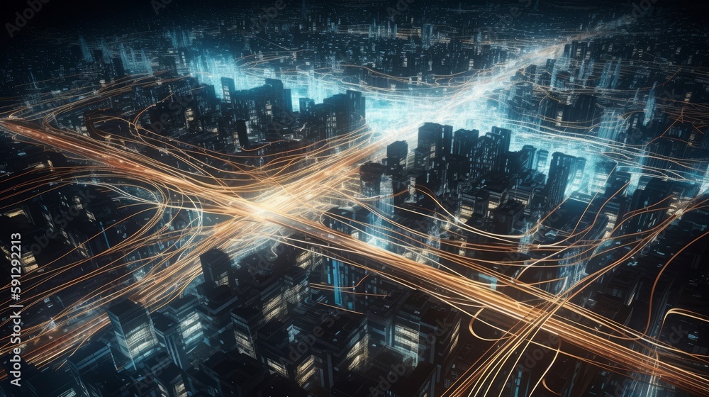 Big Data Highway Communication and Technology Infrastructure Visualization, Aerial Night Time Glowy lines, AI Generative