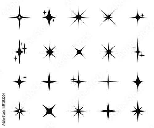 Star sparkle and twinkle. Star burst, flash stars. Isolated vector starburst icons, black silhouettes, shining lights and sparks of bright glowing rays and flare effect. Magic glint, shiny glitter
