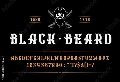 Medieval pirate corsair font, type or typeface. Western alphabet with bold and angular signs in style of adventure and danger with touch of swashbuckling flair. Vector fantasy abc letters and digits