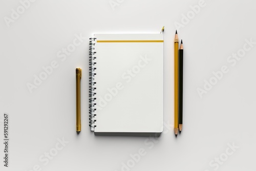 stationary set with a pencil, notepad, and notebook on a white background. Generative AI