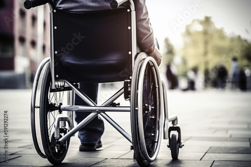 Mann mit Rollstuhl auf Straße, Ansicht von hinten, ki generiert