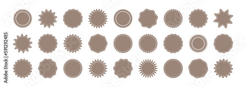Sticker star shape, badge starburst, price tag circle, sale round vector icon, sun label, brown sign isolated on white background. Award, achievement, medal set. Simple illustration