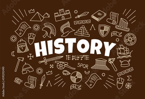 History background with signs and symbols of ancient world, vector education. Archeology artifacts sketch chalk icons on school board with ancient Egypt pyramids, greek pillars, roman helmets, weapons