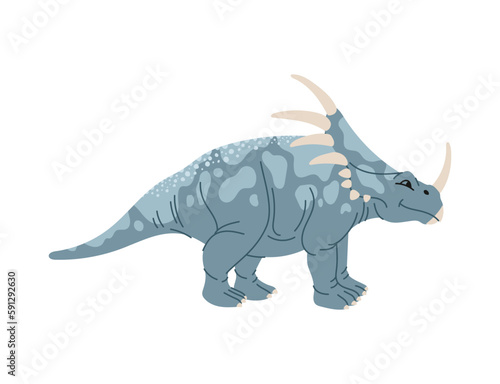 Dinosaur cartoon prehistoric horned animal, isolated dino cartoon character. Vector kind triceratops, dino of jurassic period, herbivorous dinosaur © Buch&Bee