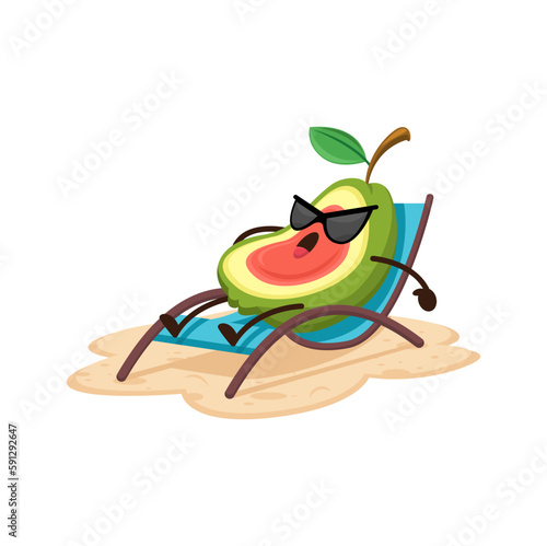 Cartoon avocado fruit character on summer beach getaway relax and tan on daybed. Isolated vector fruit personage experiencing outdoor fun and rest at sea resort soaking up ocean sun on deck chair