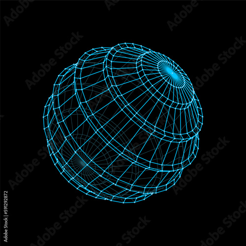 3d futuristic sphere and ball shape. Virtual dimensional grid hologram, vector futuristic ball mesh or data visualization geometric, digital structure. Cyber 3d wireframe sphere