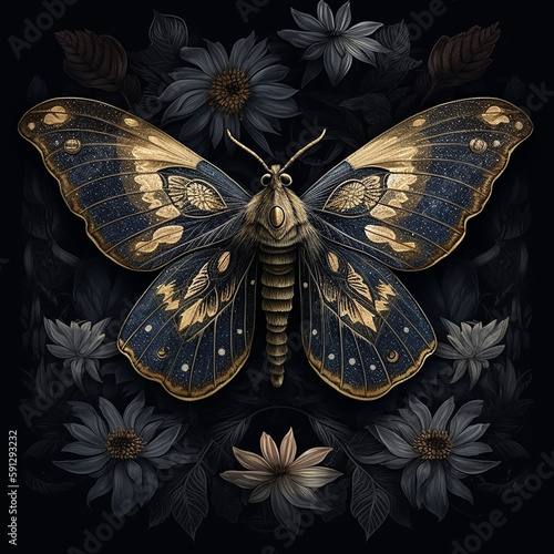 Decorative butterfly, moth in art deco style with golden elements. Generative AI technology.