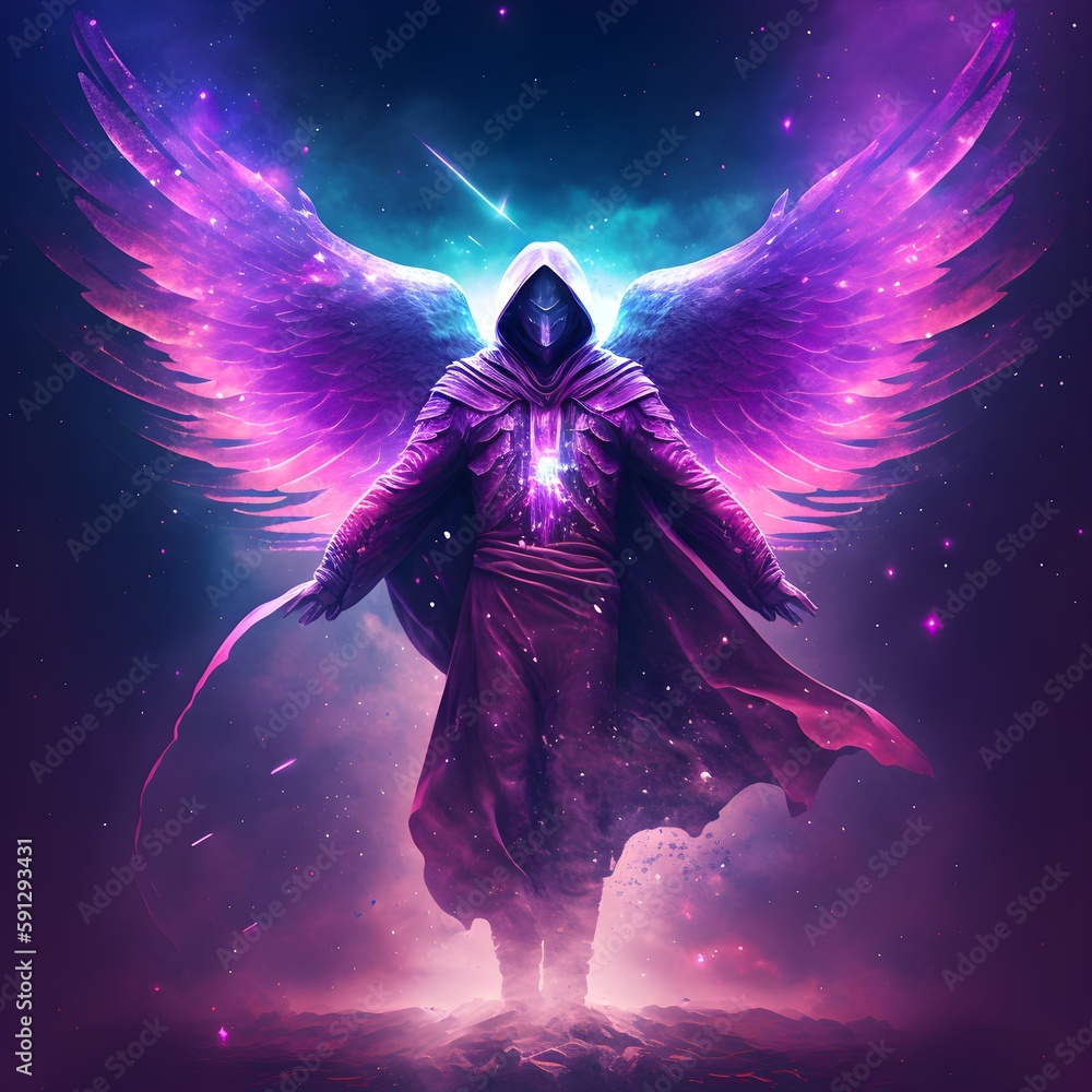Archangel Metatron cape with hood action pose flying in a sky with sun ...
