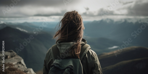 Young woman at the top of mountain photo