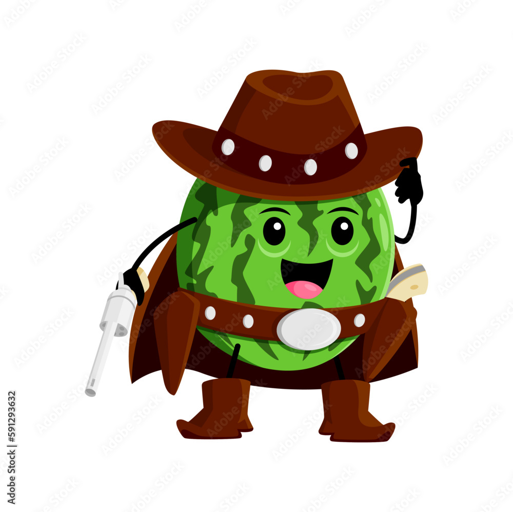 Cartoon watermelon fruit cowboy, sheriff, ranger and bandit character. Vector wild west ripe juicy hero wear hat and boots holding pistols. Western personage healthy food, horseman vitamin stockrider