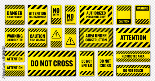 Various black and yellow warning signs with diagonal lines. Attention, danger or caution sign, construction site signage. Realistic notice signboard, warning banner, road shield. Vector illustration