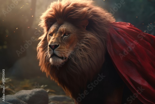 Wild lion wearing a red cloak. Big cat. Generative AI