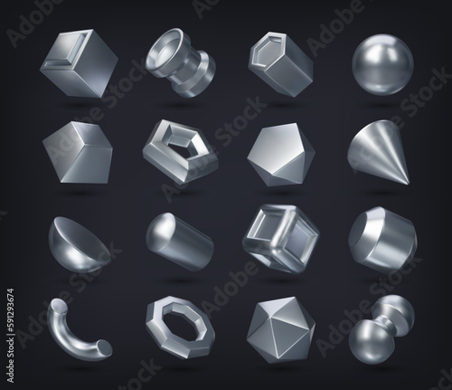 3d silver geometric shapes. Vector cube and cylinder, sphere and octahedron, cone, pyramid, parallelepiped. Square, hexagonal and pentagonal prisms, dodecahedron and icosahedron, hemisphere